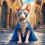 Firefly grey calico sphynx cat on two legs; wearing a pearl necklace, dress and a wig; in the ...jpg